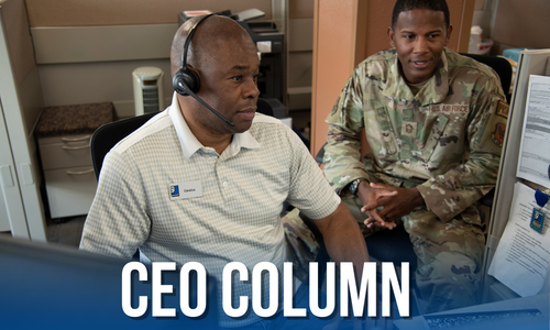 Veteran and active duty members of the U.S. Air Force work together on a computer at Goodwill San Antonio's Randolph Brooks Air Force Base Business Services call center.